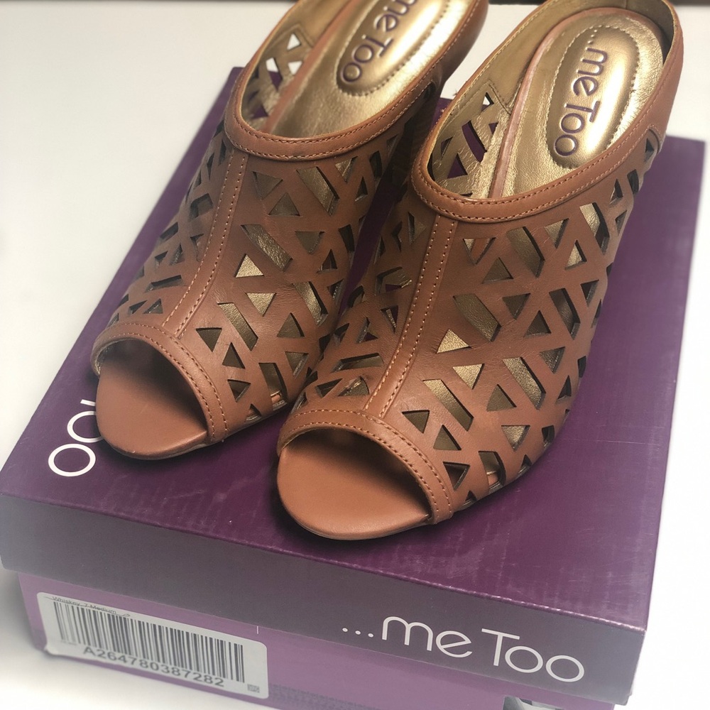 ...Me Too Tan Size 7 Medium Laser-Cut Open-Toe 4 inch Heeled Mule